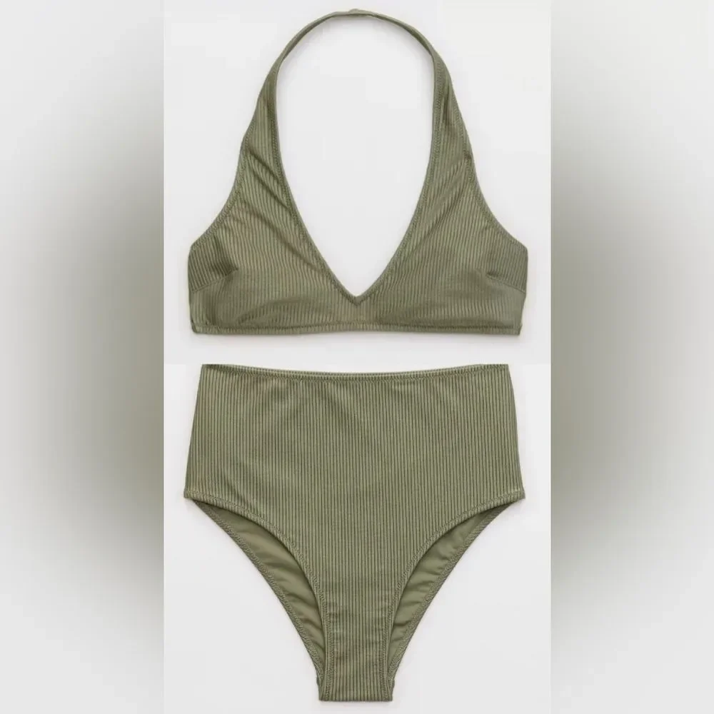 NWT Aerie FULL SET Shine Rib Halter Top + High Waisted Cheeky Bottom Olive 🫒 M
